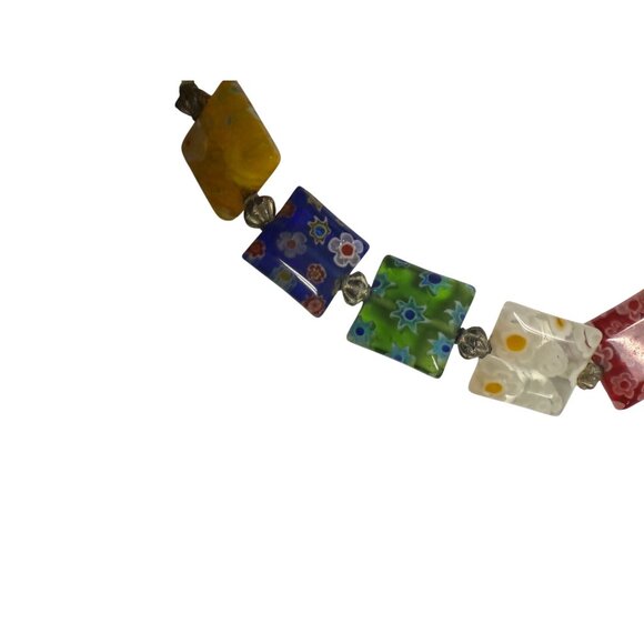 Colorful Millefiori Glass Square Flat  Bead Necklace With Silver-Tone Spacers - Picture 7 of 8